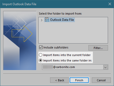 Outlook 365: Import items into current or same folder